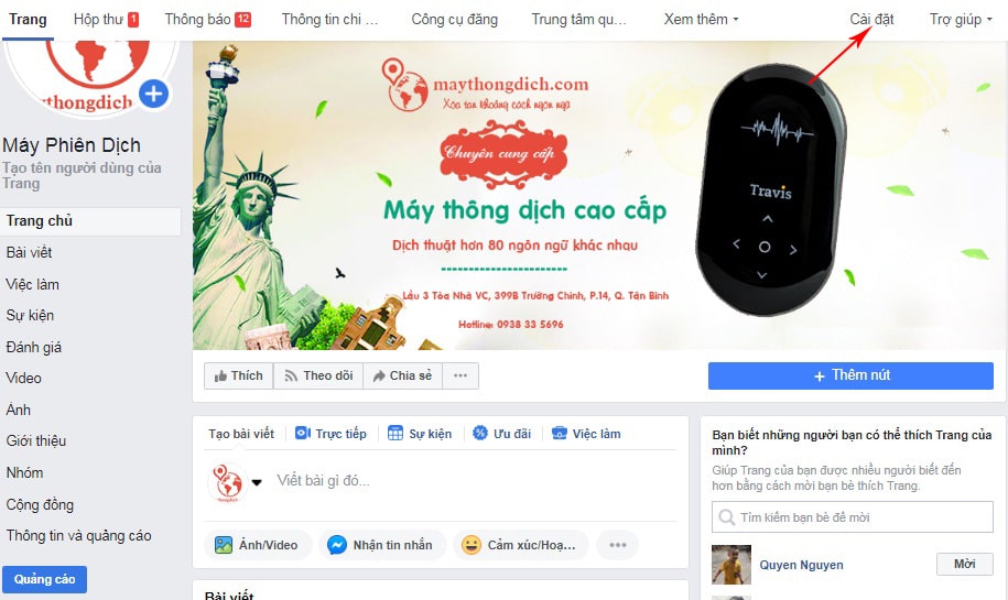 Truy cập mục Cài Đặt để tạo cửa hàng trên Facebook