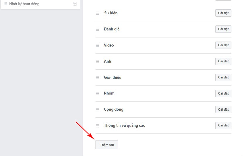 Nhấp thêm Tab để thêm Cửa Hàng vào Fanpage Facebook