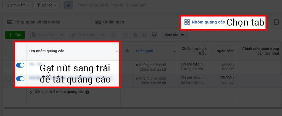 Cách dừng Nhóm quảng cáo đang chạy trên Facebook