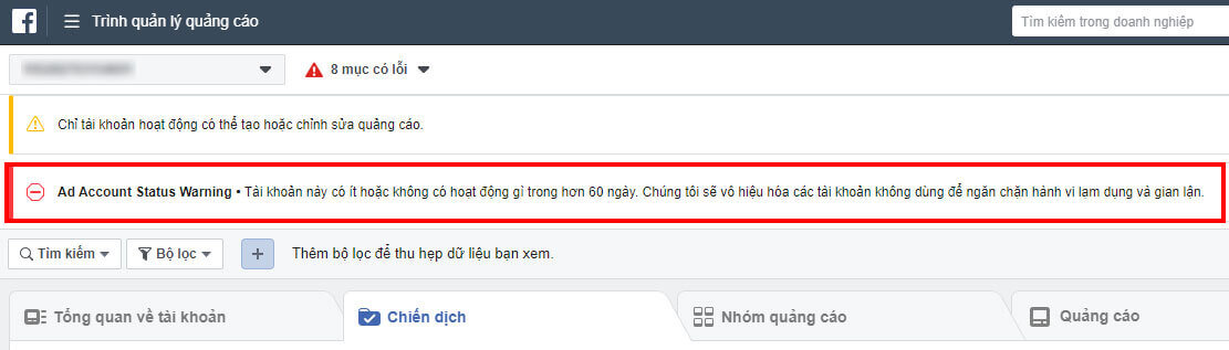 Tài khoản quảng cáo facebook không hoạt động 60 ngày sẽ bị vô hiệu hóa