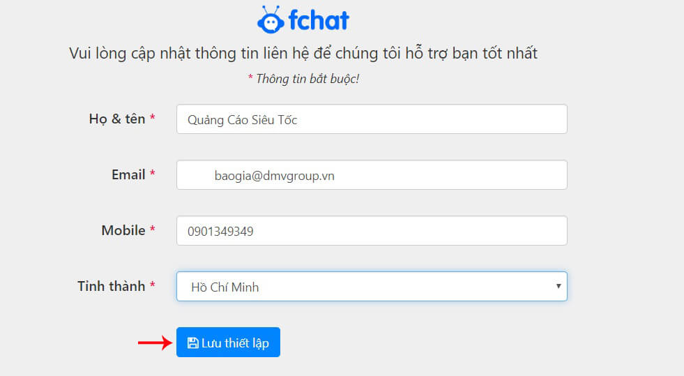 nhập thông tin fchat