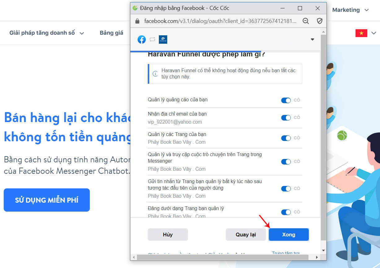 cài quyền harafunnel trên fanpage