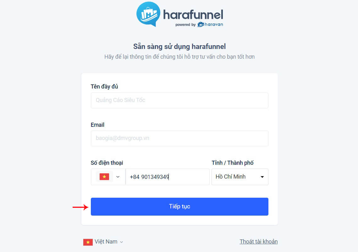 cài thông tin harafunnel chatbot