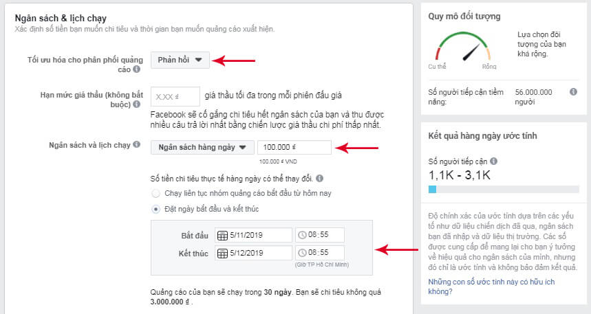 cài đặt ngân sách lịch chạy quảng cáo facebook