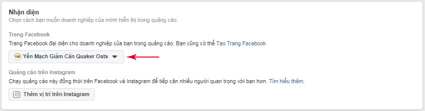 chọn fanpage quảng cáo messenger