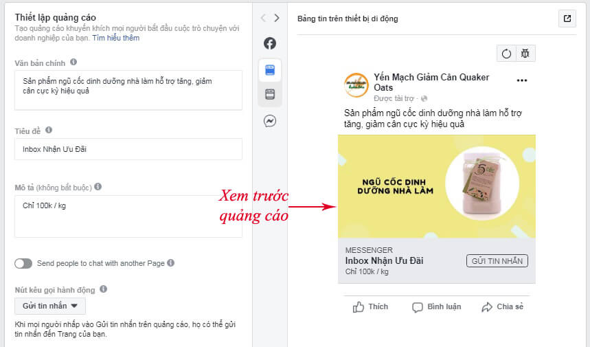 nội dung quảng cáo messenger facebook