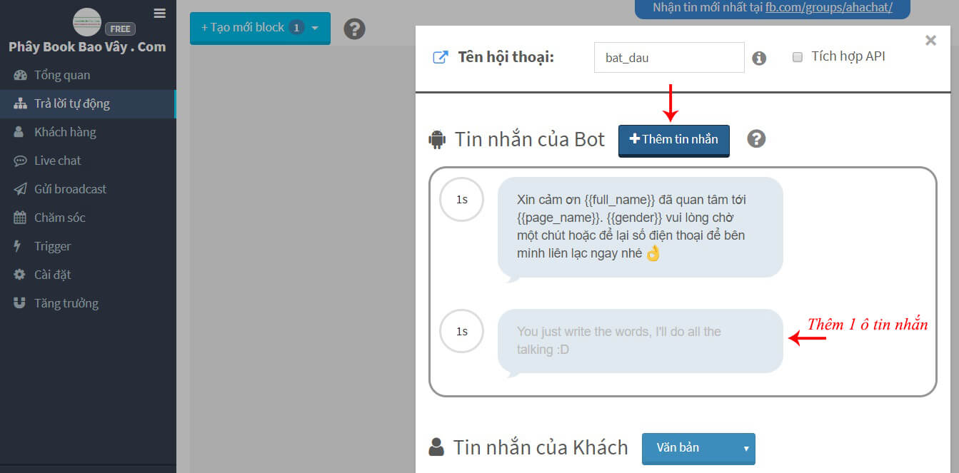 thêm inbox tự động ahachat